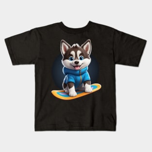 Cute Snowboarding Husky Puppy Kids T-Shirt